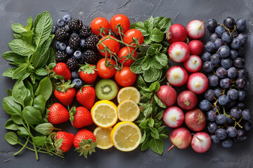 Fresh organic fruits and vegetables arranged beautifully, promoting sustainable eating habits