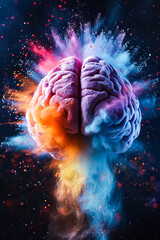Colorful and abstract brain exploding with colors surrounded by blue and purple background. - obrazy, fototapety, plakaty
