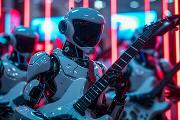 Robot with head shaped like guitar is holding electric guitar.