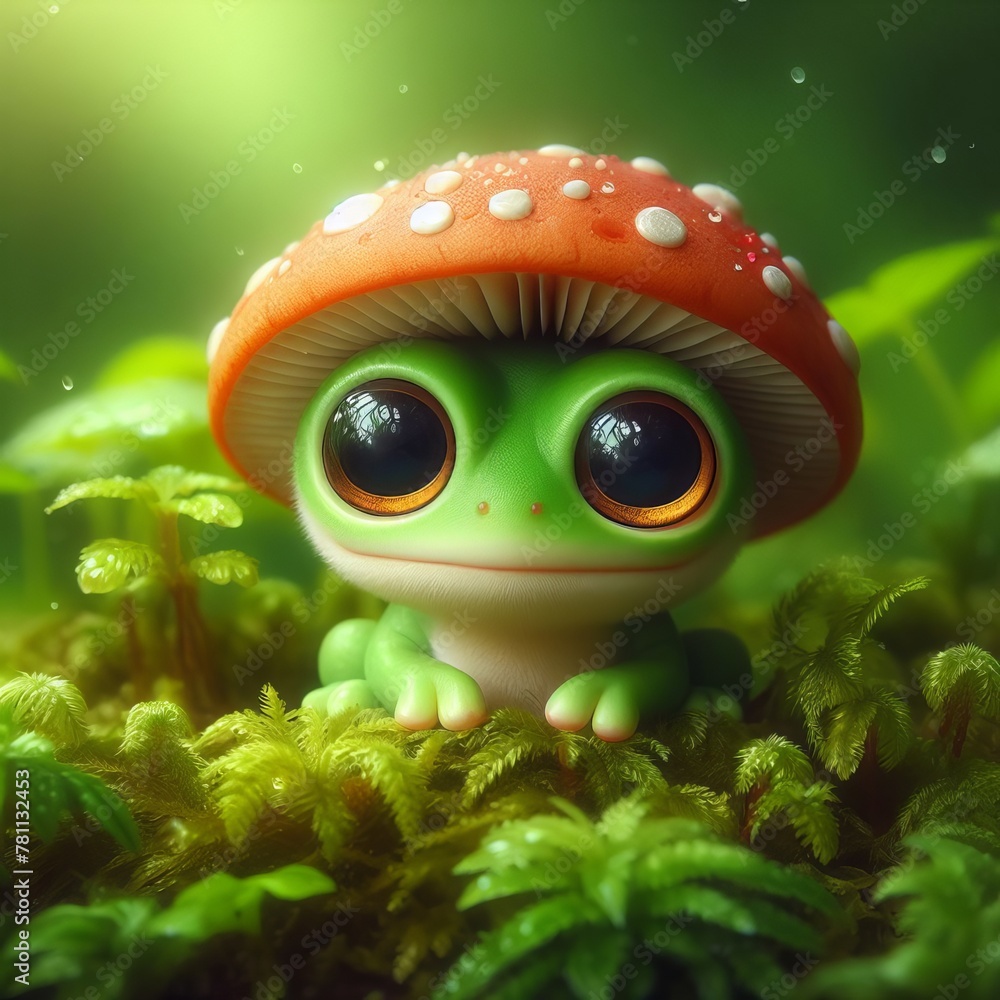 Poster a dreamy-eyed frog with a vibrant red mushroom cap nestles within soft moss, a picture of fairy tale