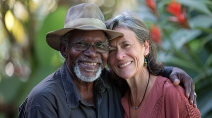 Elderly mixed race couple African American man and Caucasian woman enjoying outdoors their relationship and marriage