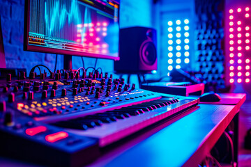 Studio setup with mixer speaker and other equipment in purple light.