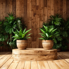 Two potted plants sit on wooden platform in front of wall made of wood planks.