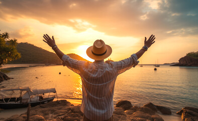 Vibrant backpacker with hat and rucksack reveling in seaside view