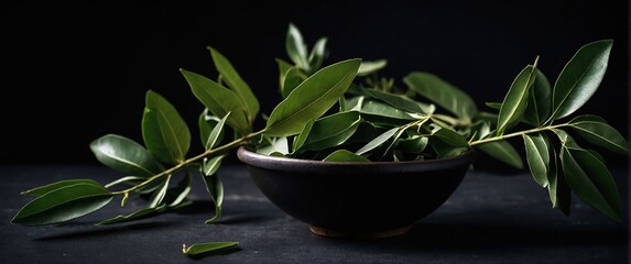Curry leaves on a black background.