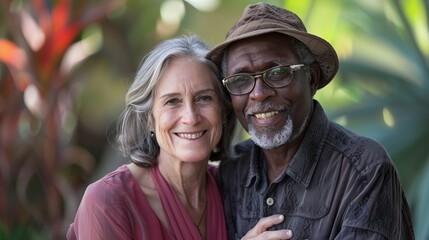 Elderly mixed race couple African American man and Caucasian woman enjoying outdoors their relationship and marriage