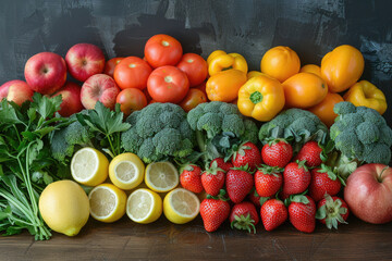 Fresh fruits and vegetables arranged on a wooden table