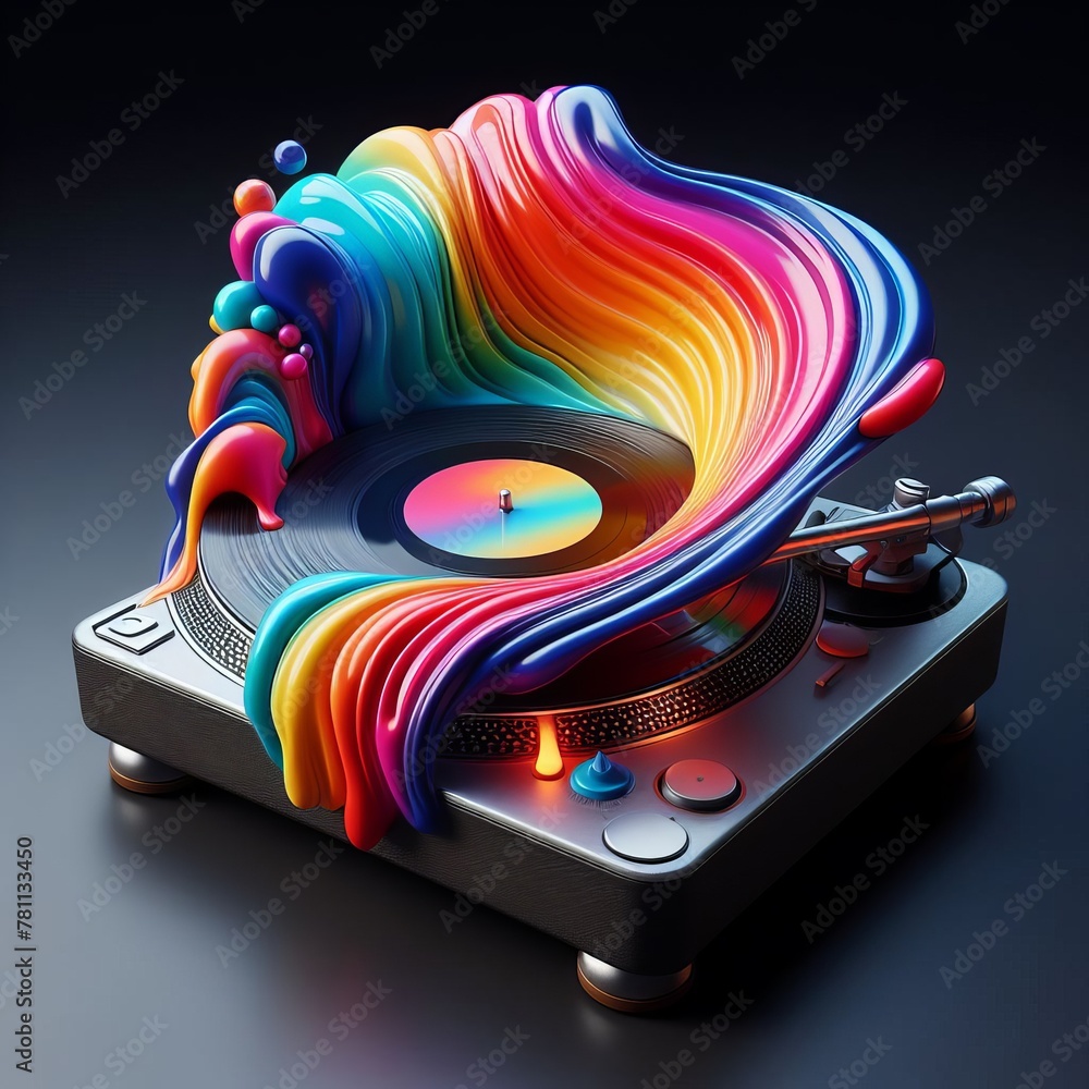 Poster a surreal depiction of a turntable with waves of colorful, flowing ribbons creating a sense of motio