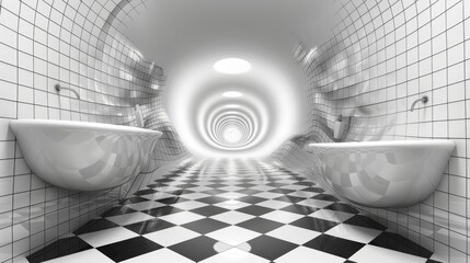 A surreal black and white checkered bathroom warps into an infinite tunnel with circular light patterns towards the end. Generative AI