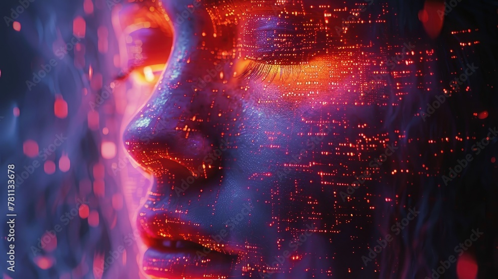 Poster close-up of a digital human face concept visualized by a red dot matrix, showcasing the intricate re