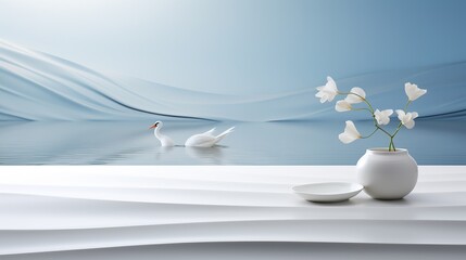 White stage, Lake surface, water ripples,flatcylindrica countertop, clean countertop, surround by flower, gradient background, simplicity advanced sense, atmosphere sense