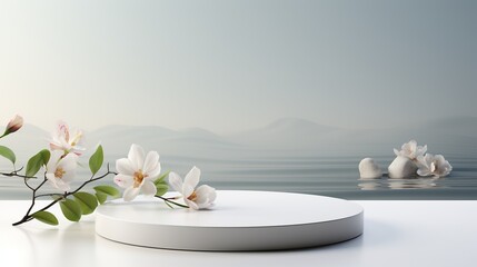White stage, Lake surface, water ripples,flatcylindrica countertop, clean countertop, surround by flower, gradient background, simplicity advanced sense, atmosphere sense - obrazy, fototapety, plakaty