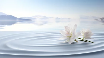 Poster White stage, Lake surface, water ripples,flatcylindrica countertop, clean countertop, surround by flower, gradient background, simplicity advanced sense, atmosphere sense © JetHuynh