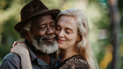 Obraz premium Elderly mixed race couple African American man and Caucasian woman enjoying outdoors their relationship and marriage