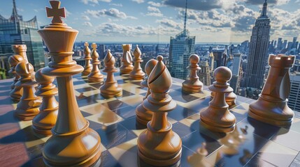 Chess pieces on a cityscape board, strategic planning in play - obrazy, fototapety, plakaty
