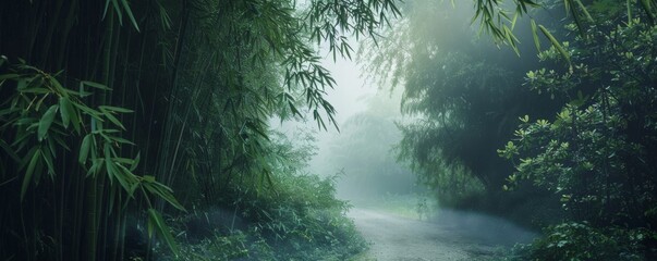 Lush bamboo forest serene pathway morning mist