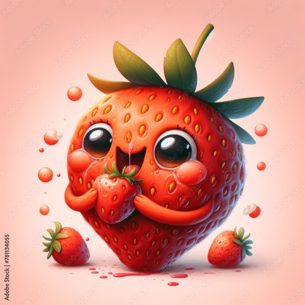 Poster a delightful, strawberry-shaped character with huge, sparkling eyes, gently holding a smaller berry,