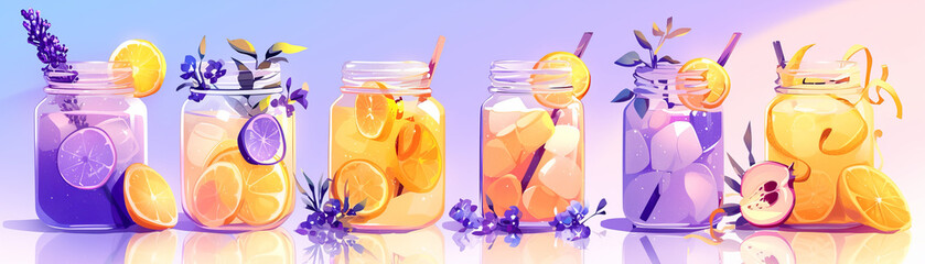A row of six mason jars filled with different colored fruit juices - obrazy, fototapety, plakaty