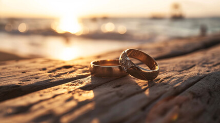 Wedding Rings on Wooden Surface at Sunset Beach