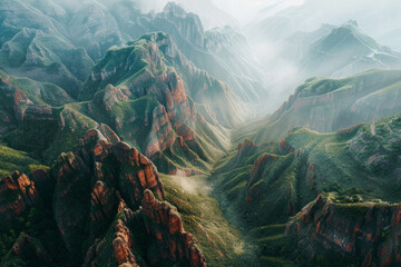 Aerial view of china landscape with mountains - obrazy, fototapety, plakaty