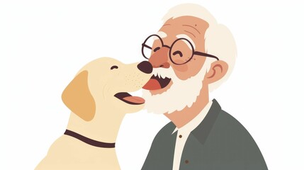 Illustration of a happy elderly man with glasses being affectionately licked by his cheerful dog.
