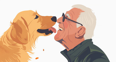 Illustration of a happy elderly man with glasses being affectionately licked by his cheerful golden dog.
 - obrazy, fototapety, plakaty