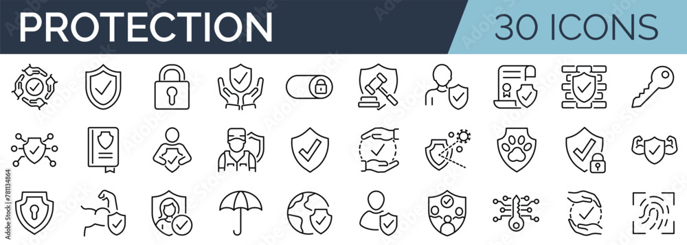 Wall mural Set of 30 outline icons related to protection. Linear icon collection. Editable stroke. Vector illustration - Wall murals