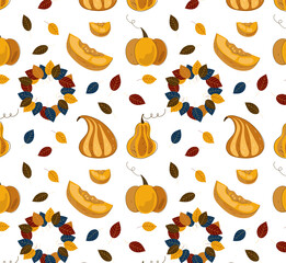 Seamless pattern of pumpkin andwreath autumn leaves. Halloween, Thanksgiving day. Autumn vibes. Fall vector cartoon flat doodle illustration.