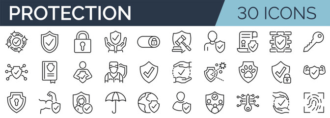 Set of 30 outline icons related to protection. Linear icon collection. Editable stroke. Vector illustration - obrazy, fototapety, plakaty