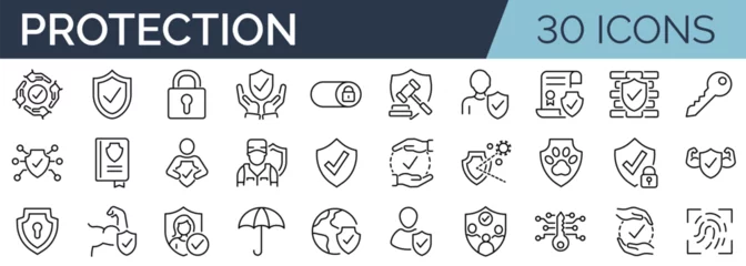 Foto auf Alu-Dibond Set of 30 outline icons related to protection. Linear icon collection. Editable stroke. Vector illustration © SkyLine