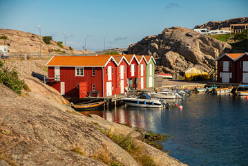 Colorfull fishing houses by the see in the  west coast. Smögen, Sweden. Europe.
