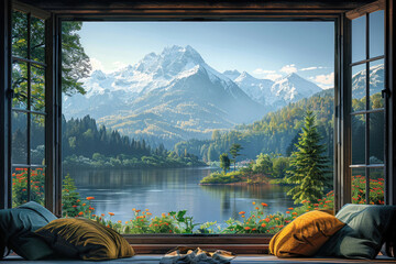 A breathtaking mountain landscape framed by a window