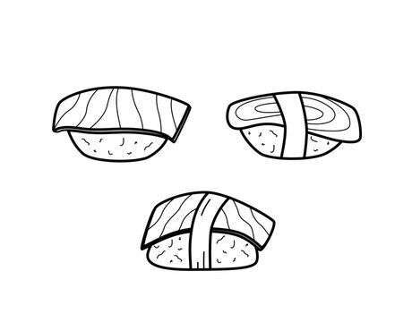 Nigiri sushi set of doodle icons. Vector illustration of sushi salmon and rice, Japanese cuisine.