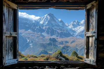 A breathtaking mountain landscape framed by a window