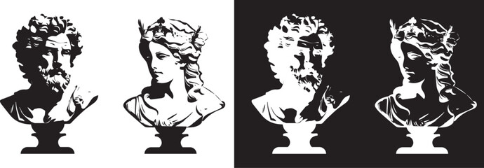 A set of black and white contour shadows of antique statues. fashionable elements with retro and punk effect. Design elements in y2k format. Vector on a transparent background