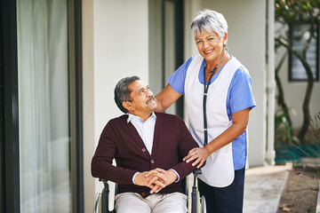 Senior, man and wheelchair at retirement home with nurse for medical, health and wellness care by...