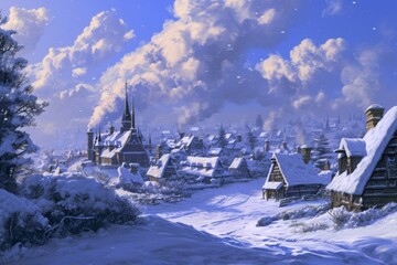 A painting depicting a village covered in snow, featuring a prominent church and surrounding houses, A snowy village with smoke curling from chimneys, AI Generated