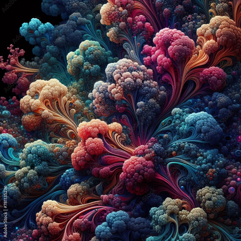 Poster a mesmerizing digital artwork resembling a lush coral garden, with vibrant swirls and fractal-like c