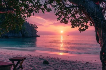 A bench sits on top of a sandy beach, providing a place to rest and enjoy the view, A soft pink sunset at a secluded beach spot for two, AI Generated - Powered by Adobe
