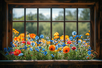 A picturesque flower-filled meadow seen through a window