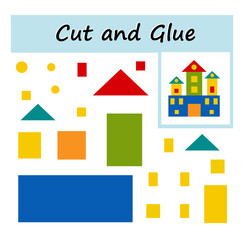 Educational paper game for children. Cut parts of the image and glue on the paper. DIY worksheet. Cartoon castle.
