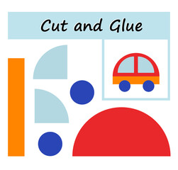 Educational paper game for kids. Cut parts of the image and glue on the paper. DIY worksheet. Vector illustration of automobile from geometric shapes.