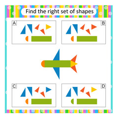 Puzzle for kids. Find the correct set of cartoon airplane. Answer is A.