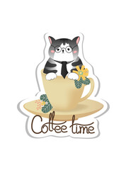 Vector card, sticker with grey smart cat, sitting in the cup. Lettering - Coffee time.