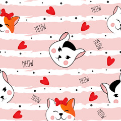 Seamless pattern with many different  red and black and white heads of cats on pink striped background. Vector illustration for children.