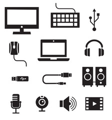 Personal computer hardware components and digital media symbols- vector silhouette icons set 1