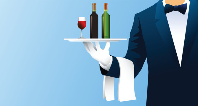 Waiter holding  silver tray  with red wine bottles and glass on blue background. business concept.