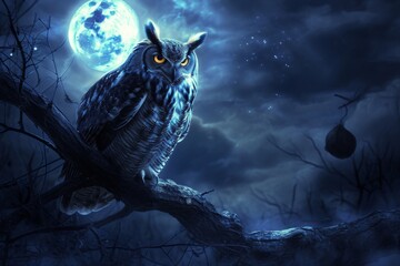 An owl sits on a tree branch while a full moon shines brightly behind it, A spectral owl perched on a branch on a moonlit night, AI Generated - Powered by Adobe
