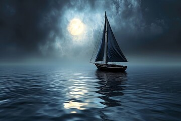 A sailboat peacefully floats on a body of water beneath a cloudy sky, creating a serene scene, A spectral sailboat forever sailing deserted, moonlit seas, AI Generated - Powered by Adobe