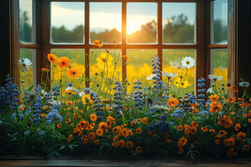 A picturesque flower-filled meadow seen through a window